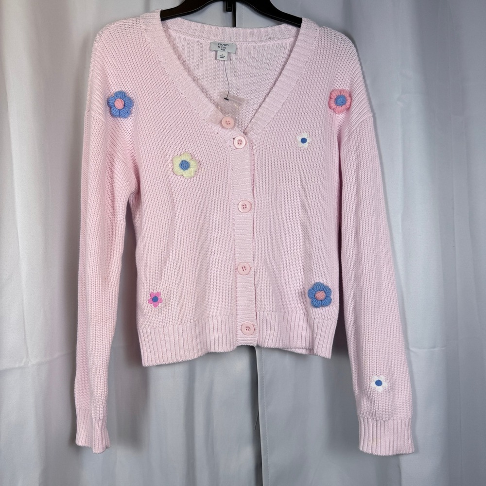 Crown & Ivy Kids Pink Ribbed Cardigan Sweater 3D Crochet Flowers Girls Large